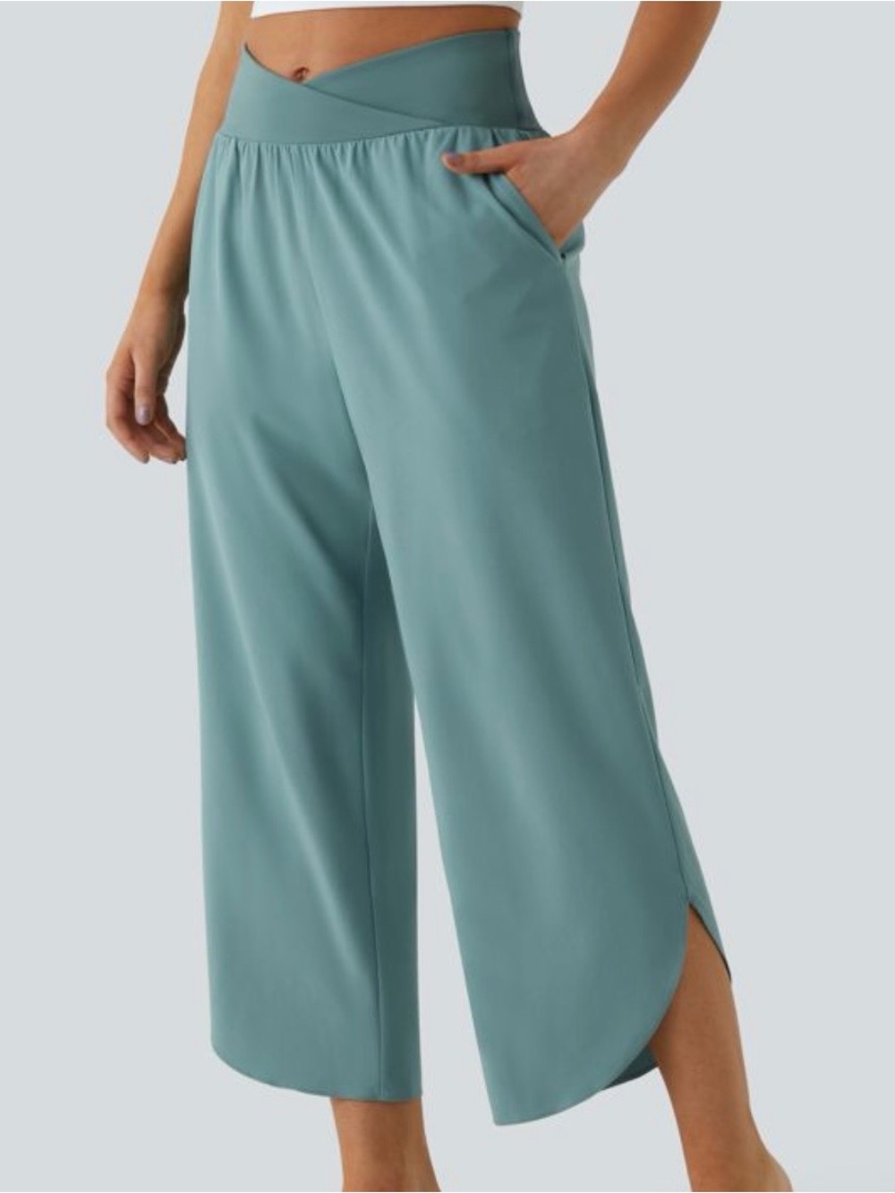 HALARA Cropped Wide-Leg Ponte Pants in Dusty Teal